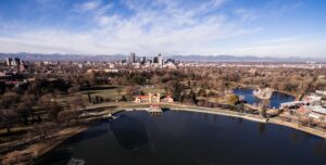 Aerial View over Lake Ferril in City Park of Denver Colorado